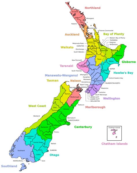 A map of New Zealand showing regional and district boundaries | Map of ...