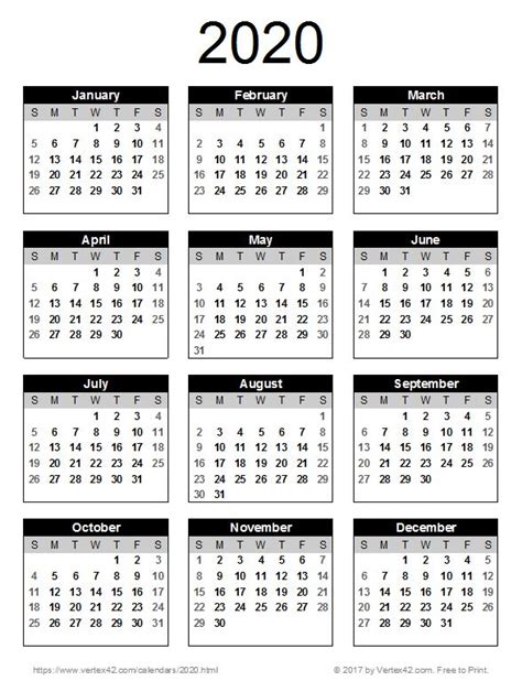 2020 Calendar Templates and Images | Printable yearly calendar, Yearly calendar template, Free ...