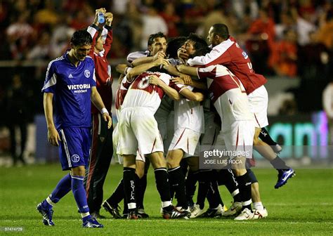 Sevilla players celebrate after beating Schalke 04 in the semi-final... News Photo - Getty Images