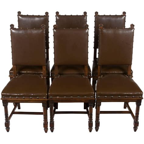 Set of Six French Renaissance Style Dining Room or Kitchen Chairs Brown Leather For Sale at 1stDibs