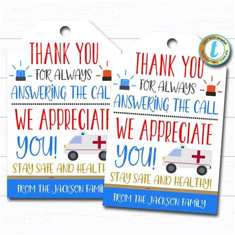 EMT Paramedic Appreciation Gift Tag - Thank You Gift First Responder ...