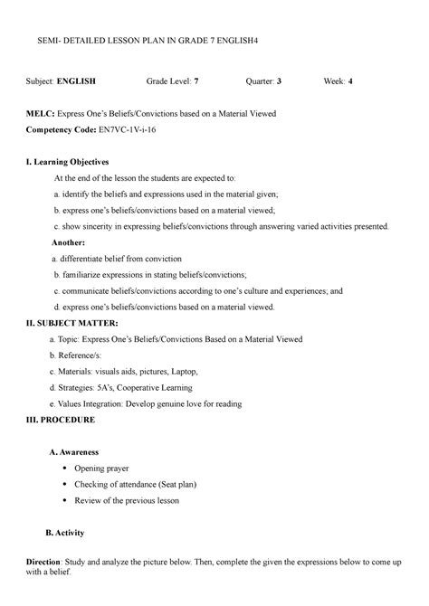 BC Lesson PLAN BC Lesson PLAN BC Lesson PLAN - SEMI- DETAILED LESSON PLAN IN GRADE 7 ENGLISH ...