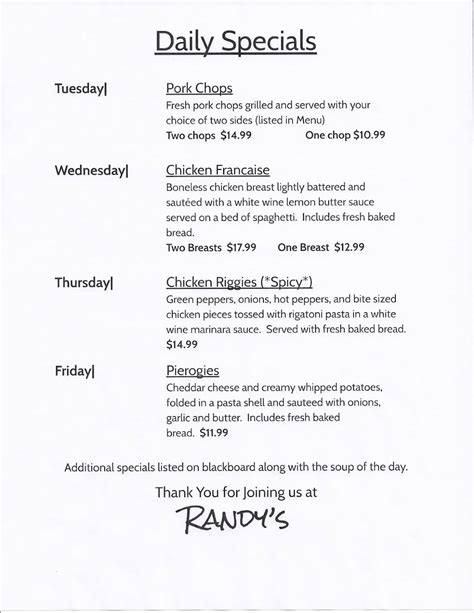 Menu at Randy's Restaurant, Old Forge