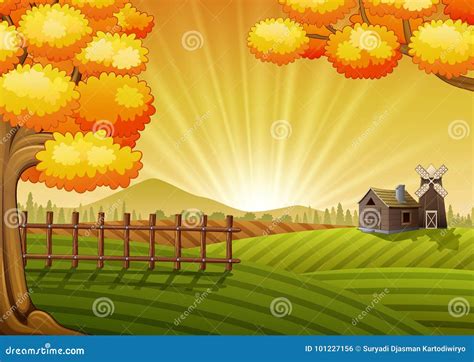 Farm cartoon landscape stock vector. Illustration of harvest - 101227156