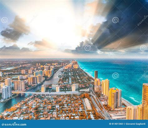 Magnificent Skyline of Miami Beach at Sunset, Aerial View Stock Photo ...