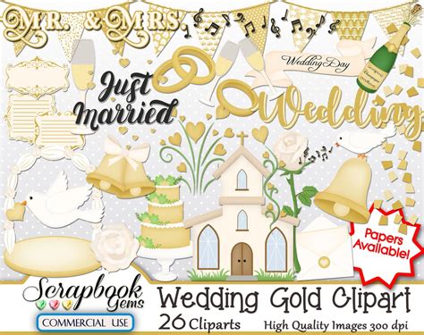 WEDDING GOLD Clipart, 26 Png Clipart Files, Instant Download, Church, Chapel, Bells, Dove ...