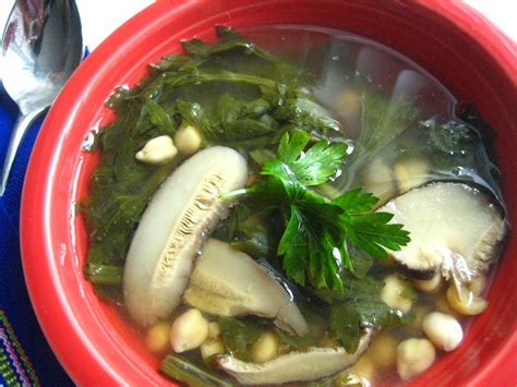 Garbanzo bean soup with celery greens and mushrooms