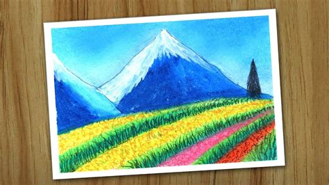 a drawing of a landscape with mountains in the background and flowers ...