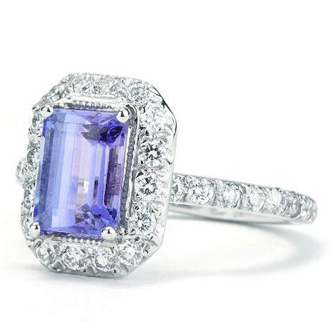 Emerald Cut Tanzanite and Diamond Halo Ring in White Gold | New York Jewelers Chicago