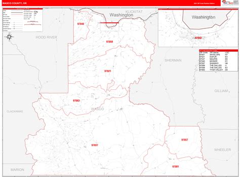 Wasco County, OR Zip Code Wall Map Red Line Style by MarketMAPS