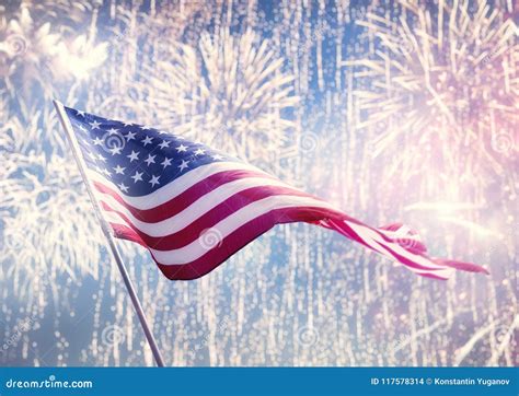 American Flag on Background of Fireworks. Stock Photo - Image of ...