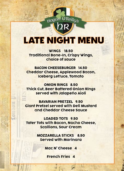 Late Night Menu - Hagan O'Reilly's