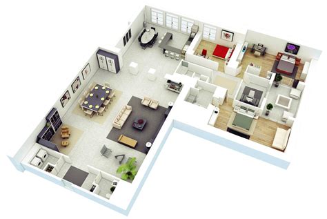 Modern 3 Bedroom House Plans 3D - Parents and two children, a couple ...