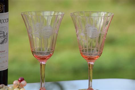 Vintage Etched PINK Optic Glass Wine Glasses, Set of 4, Vintage Pink Depression Etched Wine ...