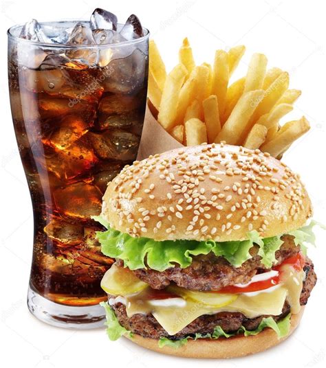 Hamburger, potato fries, cola drink. Takeaway food. — Stock Photo © Valentyn_Volkov #63575673