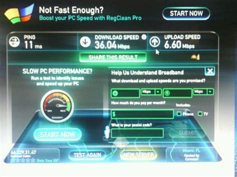 Comcast internet fly.. speed test in my pc. 36 mgs download 6.6 upload ...