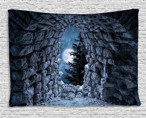 Gothic Decor Tapestry by , Dark Cave with the Light of Full Moon at Night Scary Horror Medieval ...