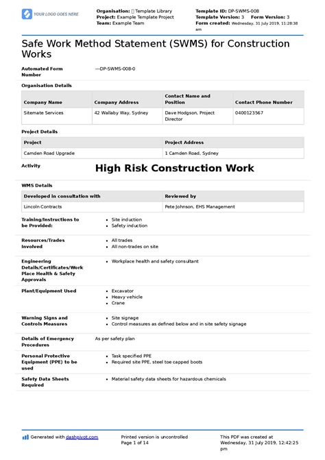 Construction Method Statement Template Free - FREE PRINTABLE TEMPLATES