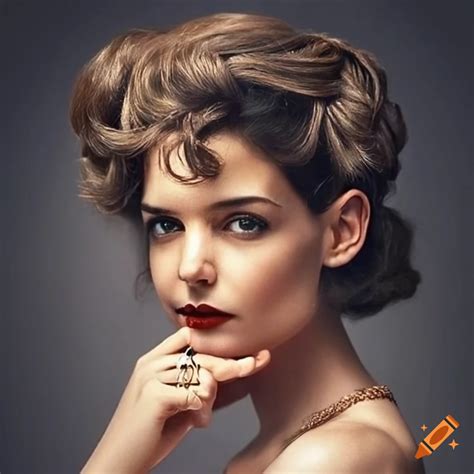 Katie holmes with 1930s model inspired hairstyle and silk blouse on Craiyon