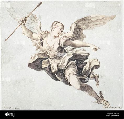 A flying angel carries an arrow in one hand, points with the other ...