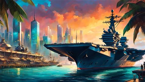 aircraft carrier docked at the Caribbean pier, in the background a cyberpunk city ...