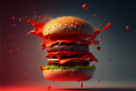 Fresh Spicy Big Hamburger Sauce Splashing or Cheese Burger Flying on a Dark and Moody Background ...