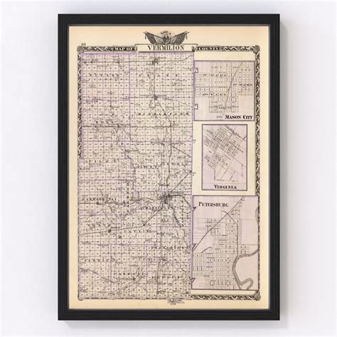 Vermilion County IL Map 1876 Old Map of Danville Illinois Art Vintage ...