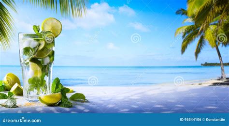 Tropic Summer Vacation; Exotic Drinks on Blur Tropical Beach Background Stock Photo - Image of ...