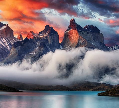 mountain, Torres Del Paine, Patagonia, Chile, Sunrise, Clouds, Lake, Nature, Landscape ...