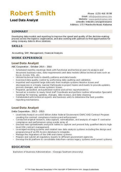 Lead Data Analyst Resume Samples | QwikResume