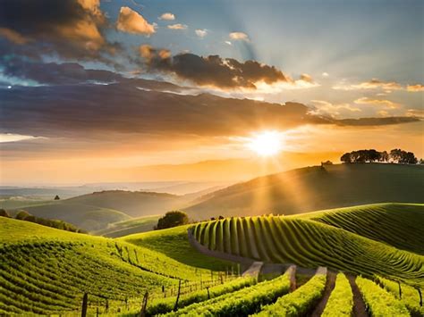 Premium AI Image | A vineyard with a sunset in the background