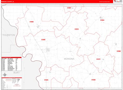 Monona County, IA Zip Code Wall Map Red Line Style by MarketMAPS