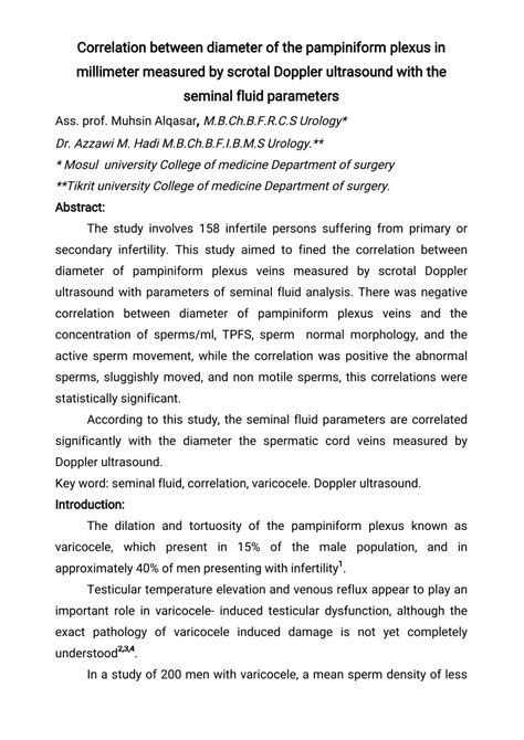 (PDF) Correlation between diameter of the pampiniform plexus in millimeter measured by scrotal ...