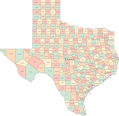 Multi Color Texas Map with Counties and County Names