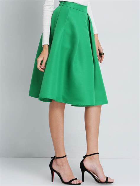 Green Flare Pleated Midi Skirt -SheIn(Sheinside)