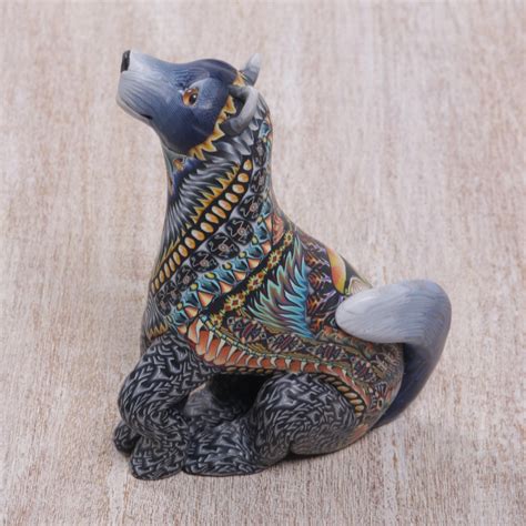 Handcrafted Polymer Clay Wolf Sculpture from Bali - Vibrant Wolf | NOVICA