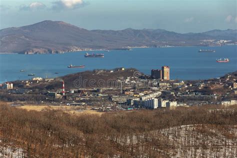 Nakhodka Bay. Winter city stock image. Image of landscape - 214905755