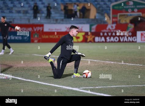 Goalkeeper Nguyen Filip at the match between Cong an Ha Noi FC and Hong Linh Ha Tinh FC in round ...