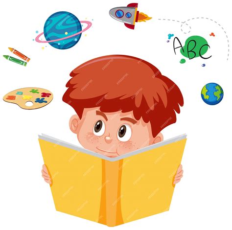 Niño leyendo un libro con imaginación | Vector Premium