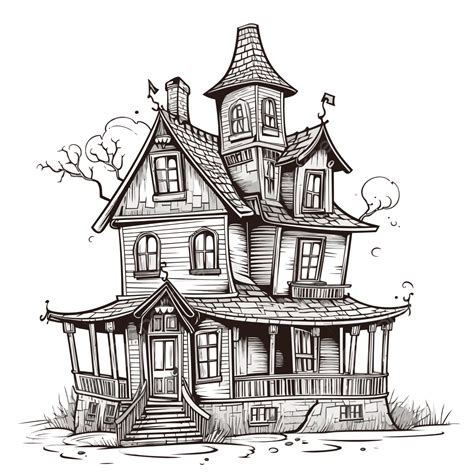Haunted House Outline Vector, Sticker Clipart Black And White Drawing ...
