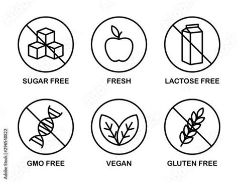 Set of icons: Sugar Free, Gluten Free, Vegan, Lactose Free, GMO Free, Fresh. in 2022 | Lactose ...