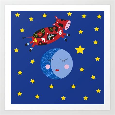 Nursery rhyme, cow, stars, moon, blue, scandinavian | Moon art print ...