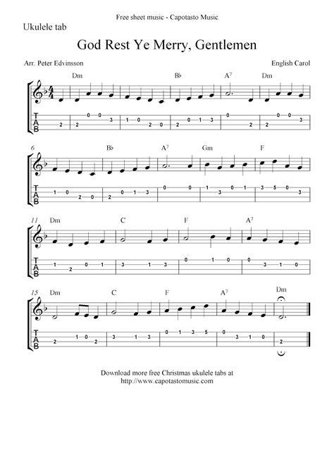 Easy Sheet Music For Beginners: God Rest Ye Merry, Gentlemen, free Christmas ukulele tab sheet music