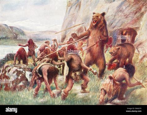 Stone age man hunting wild bears Stock Photo - Alamy