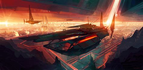 Wallpaper : digital art, fantasy art, spaceship, space, fantasy city, lights, Bastien Grivet ...