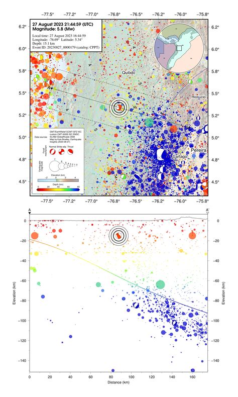 M5.7 earthquake in western Colombia, above the subduction zone