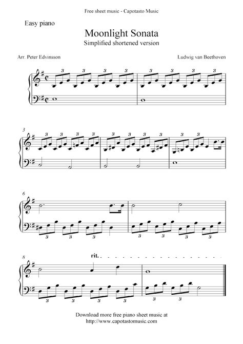 Free easy piano sheet music, Moonlight Sonata by Beethoven