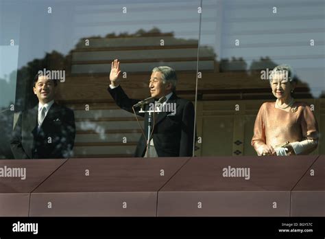 Emperor Akihito of Japan and his family receive the greetings of the public on the Emperor's ...