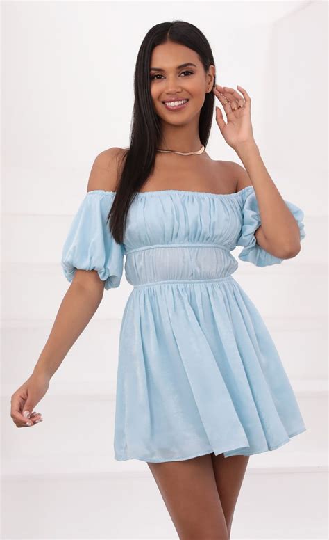 Dorothy Off The Shoulder Dress in Light Blue | Lucy in the Sky