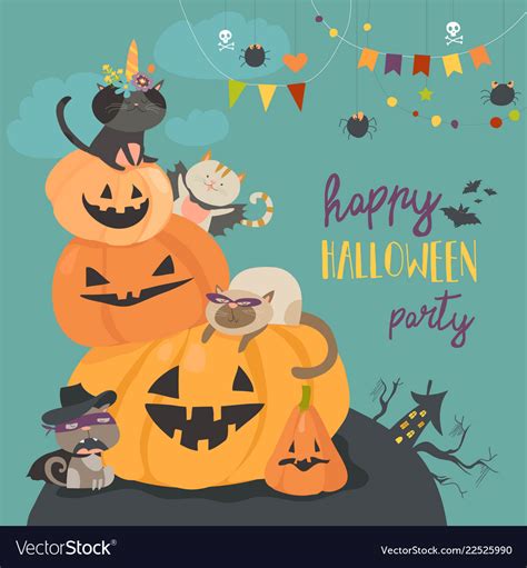 Happy halloween with pumpkin and cute cats Vector Image